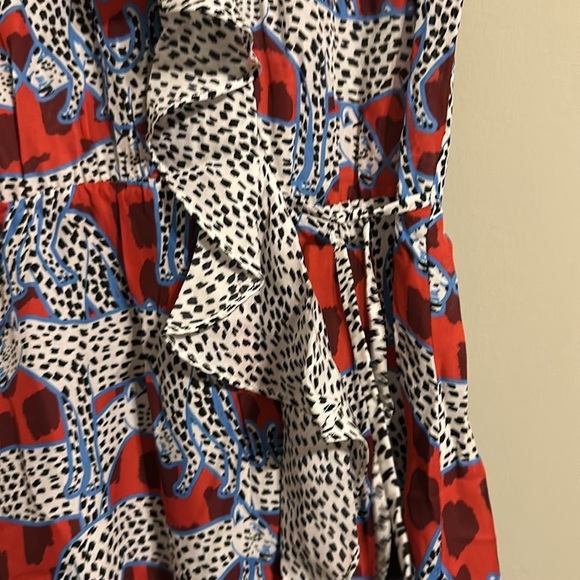 NWOT PARKER S
Reina Faux Wrap Midi Dress Animalia Blue Multi Print Leopard Cat - Picture 10 of 12